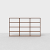 A large wooden shelving unit with four rows and four columns, creating sixteen open rectangular compartments, standing on a light-colored floor against a plain white background.