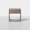 A minimalist wooden nightstand with a single drawer and an open shelf below, displayed against a plain white background.
