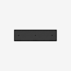 A black rectangular object with three evenly spaced round holes on its visible surface, set against a plain white background.