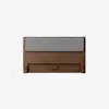 A modern wooden headboard with a rectangular, light gray cushioned panel attached along the top half, set against a plain white background.