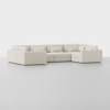 A large, modern beige sectional sofa with clean lines and five matching cushions is arranged in an L-shape on a plain, light-colored floor against a white background.