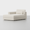 A modern, light beige chaise lounge with a left armrest, square back cushion, and rectangular accent pillow, set against a plain white background.