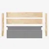 Disassembled wooden bed frame with two side rails, two end rails, and a gray upholstered headboard, all neatly arranged on a white background.