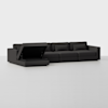 A modern, dark gray sectional sofa with clean lines. One section is open, revealing built-in storage space inside. The background is plain white, highlighting the sofa’s minimalist design.