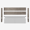 Disassembled wooden bed frame parts and a light gray upholstered headboard arranged neatly on a white background.