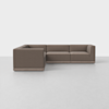 A modern, L-shaped sectional sofa with brown upholstery and clean, minimalist lines sits on a smooth, light gray floor against a plain white background.