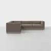 A modern, L-shaped sectional sofa with brown upholstery and clean, minimalist lines sits on a smooth, light gray floor against a plain white background.