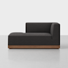 A modern black chaise lounge with a low wooden base, featuring a right-arm backrest and clean, minimalist lines, set against a plain white background.