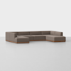 A modern L-shaped sectional sofa with brown fabric upholstery and a wooden base, set against a plain white background.
