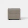 A modern wooden nightstand with a light brown finish, featuring two drawers and clean, simple lines, set against a plain white background.
