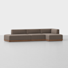 A modern sectional sofa with brown cushions and a wooden base, arranged in an L-shape, set against a plain light gray background.