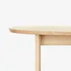 Close-up of the edge and legs of a round, light wood table against a white background.