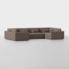 A large, modern sectional sofa upholstered in brown fabric, arranged in an L-shape. The sofa has thick seat and back cushions, with matching rectangular throw pillows, set against a plain white background.