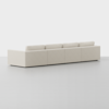 A modern, minimalist beige sectional sofa with four seat backs, viewed from behind, set against a plain light gray background.