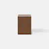 A modern wooden nightstand with a rectangular shape, an open lower shelf, and a single drawer partially pulled out, set against a plain white background.