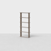 A tall, freestanding wooden bookshelf with five shelves, standing on a light gray floor against a plain white background. The bookshelf has a minimalist, modern design.