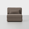 A modern, armless brown upholstered chair with a rectangular back cushion and matching lumbar pillow, set against a plain white background.