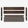 Five disassembled bed frame parts are laid out on a white background, including two side rails, a headboard, a footboard, and a rectangular upholstered panel in a beige fabric.
