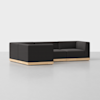 A modern sectional sofa with dark gray upholstery and a light wooden base, arranged in an L-shape on a smooth, light-colored floor against a plain white background.