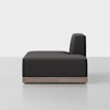 A modern, armless black upholstered sofa seat with a wooden base, photographed from the side against a plain white background.