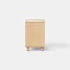 A minimalist wooden nightstand with four short legs, a single open drawer, and an open storage space beneath it, set against a plain white background.