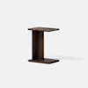 A modern side table with a dark wooden base and a rectangular marble top, set against a plain white background.