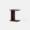 A modern side table with a dark wooden base and a rectangular marble top, set against a plain white background.