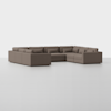 A large, modern, L-shaped sectional sofa with brown upholstery and cushioned backrests, positioned on a plain white background.