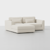 A modern, light beige sectional sofa with clean lines and low armrests, featuring two seat cushions, two back cushions, and two lumbar pillows, placed on a plain light gray floor against a white background.