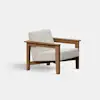 A modern armchair featuring a light beige cushioned seat and backrest, supported by a sturdy wooden frame with wide armrests, set against a plain white background.