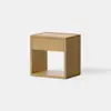 A minimalist wooden nightstand with a single drawer and an open shelf at the bottom, set against a plain white background.