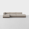 A modern, modular beige sectional sofa with clean lines and low backrests, set on a dark wooden base, placed in a minimalist setting with a plain white background.