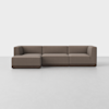 A modern, brown, three-piece sectional sofa with clean lines and low wooden base, placed on a smooth, light gray floor against a plain white background.