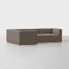 A modern, L-shaped sectional sofa with brown upholstery and a wooden base, set against a plain white background.