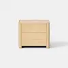 A light wood two-drawer nightstand with a simple, modern design, rounded edges, and a smooth finish, set against a plain white background.
