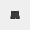A pair of plain dark gray shorts with an elastic waistband and drawstring, shown flat on a light gray background.