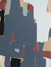 Abstract painting featuring large, overlapping blocks of blue-gray, beige, rust red, black, and white, creating an irregular, geometric pattern with visible brushstrokes.