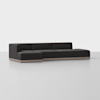 A modern, low-profile sectional sofa with dark upholstery and a light wooden base, featuring a left-side chaise lounge, set against a plain white background.