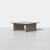A square, modern coffee table made of wood with a smooth, flat top and thick, rectangular legs, displayed on a light gray surface against a plain white background.
