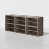 A wooden shelving unit with eight open rectangular compartments, arranged in two rows and four columns, standing on a light-colored floor against a plain white background.