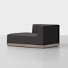 A modern, dark gray chaise lounge with a low, wooden base and a single armrest on the right side, set against a plain white background.