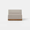 A modern, armless beige upholstered loveseat with a wooden base, set against a plain white background.