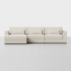 A modern, light beige sectional sofa with three seats and a chaise lounge on the left, set against a plain white background. The sofa has clean lines and three matching rectangular cushions.