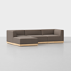 A modern sectional sofa with brown upholstery and a light wooden base, placed on a smooth, light-colored floor against a plain white background.