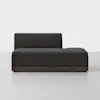 A modern, minimalist black chaise lounge with a low backrest and wooden base, set against a plain white background.