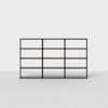 Dark wood rectangular bookshelf with four shelves and twelve open compartments, standing on a light gray floor against a plain white background.