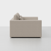 A side view of a modern, light gray upholstered sofa with clean lines and square arms, positioned against a plain white background.