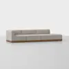 A modern, light beige sectional sofa with a low back and wide seats sits on a wooden base in a minimal, white setting.