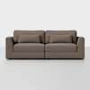 A modern brown fabric sofa with straight arms, two seat cushions, two back cushions, and two matching rectangular pillows, set against a plain white background.