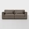 A modern brown fabric sofa with straight arms, two seat cushions, two back cushions, and two matching rectangular pillows, set against a plain white background.